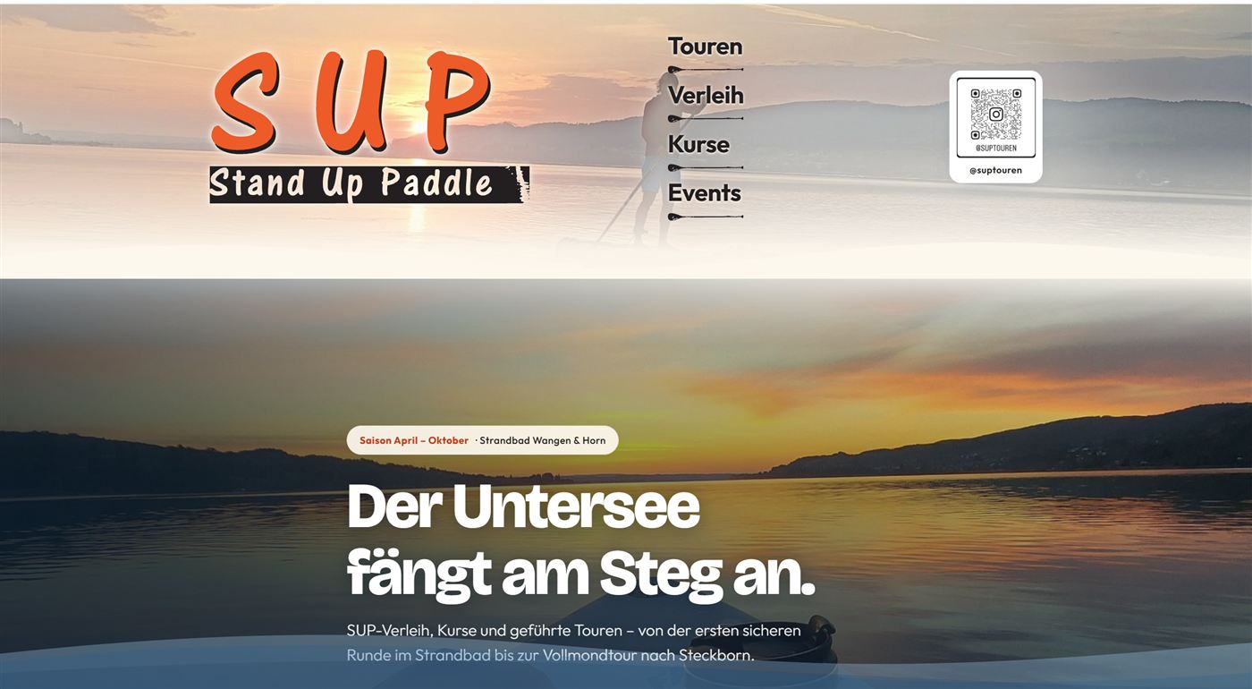 Startseite der Website für SUPTOUREN, einen SUP-Verleih am Bodensee